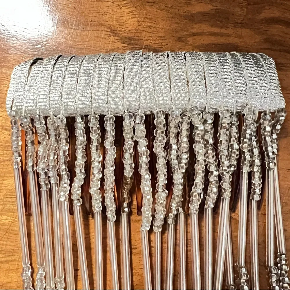 Chic Hair Comb Silver Ribbon with Glass-Beaded Design Bridal Wedding 3x5